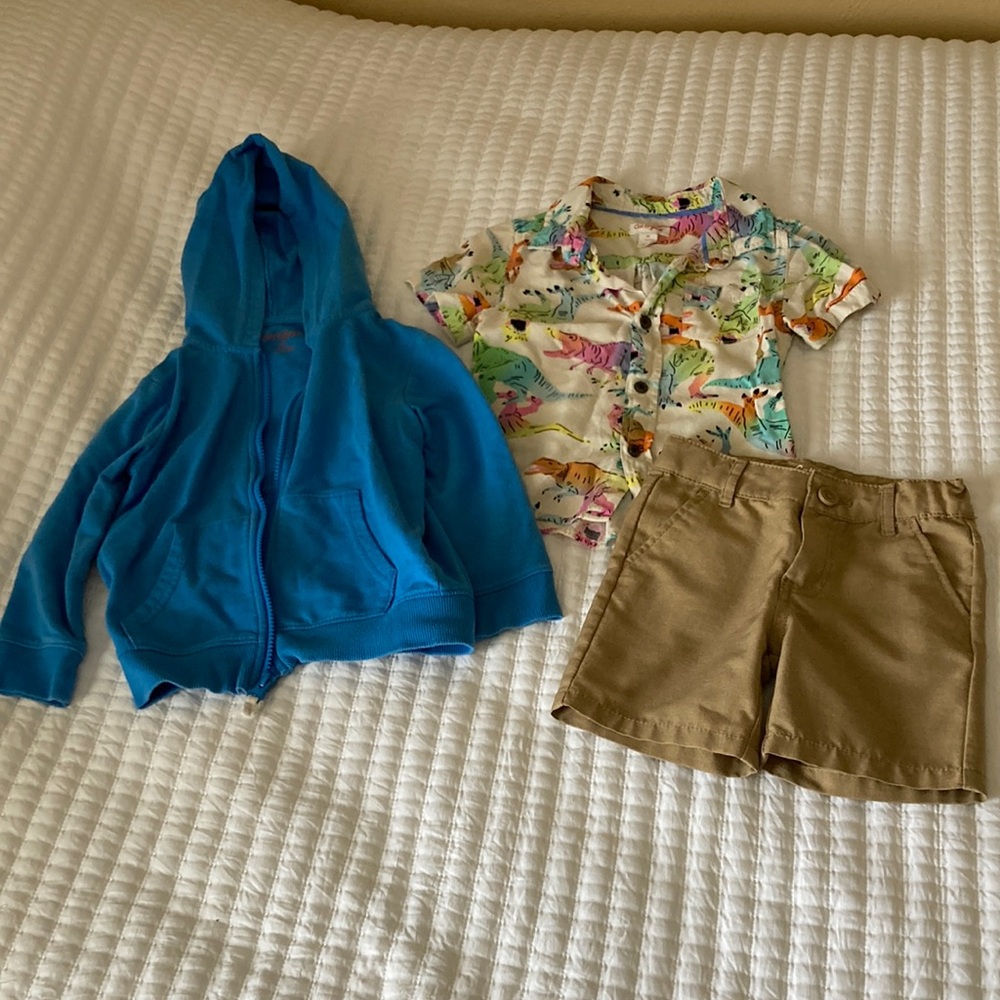Cat and Jack boys Blue Hoodie, Animal Print Shirt, and Tan Shorts Set